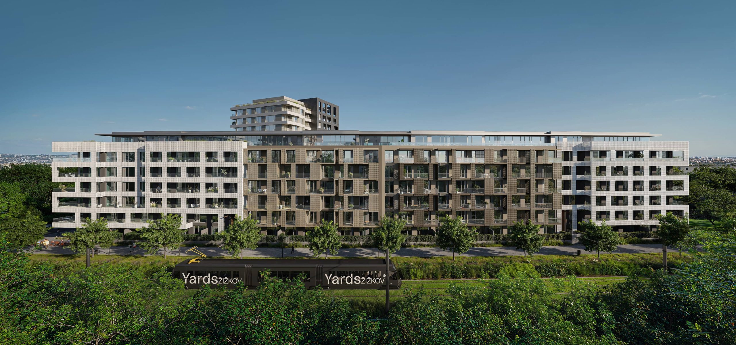 Celkový panoramatický pohled na rezidenční komplex Yards Žižkov.