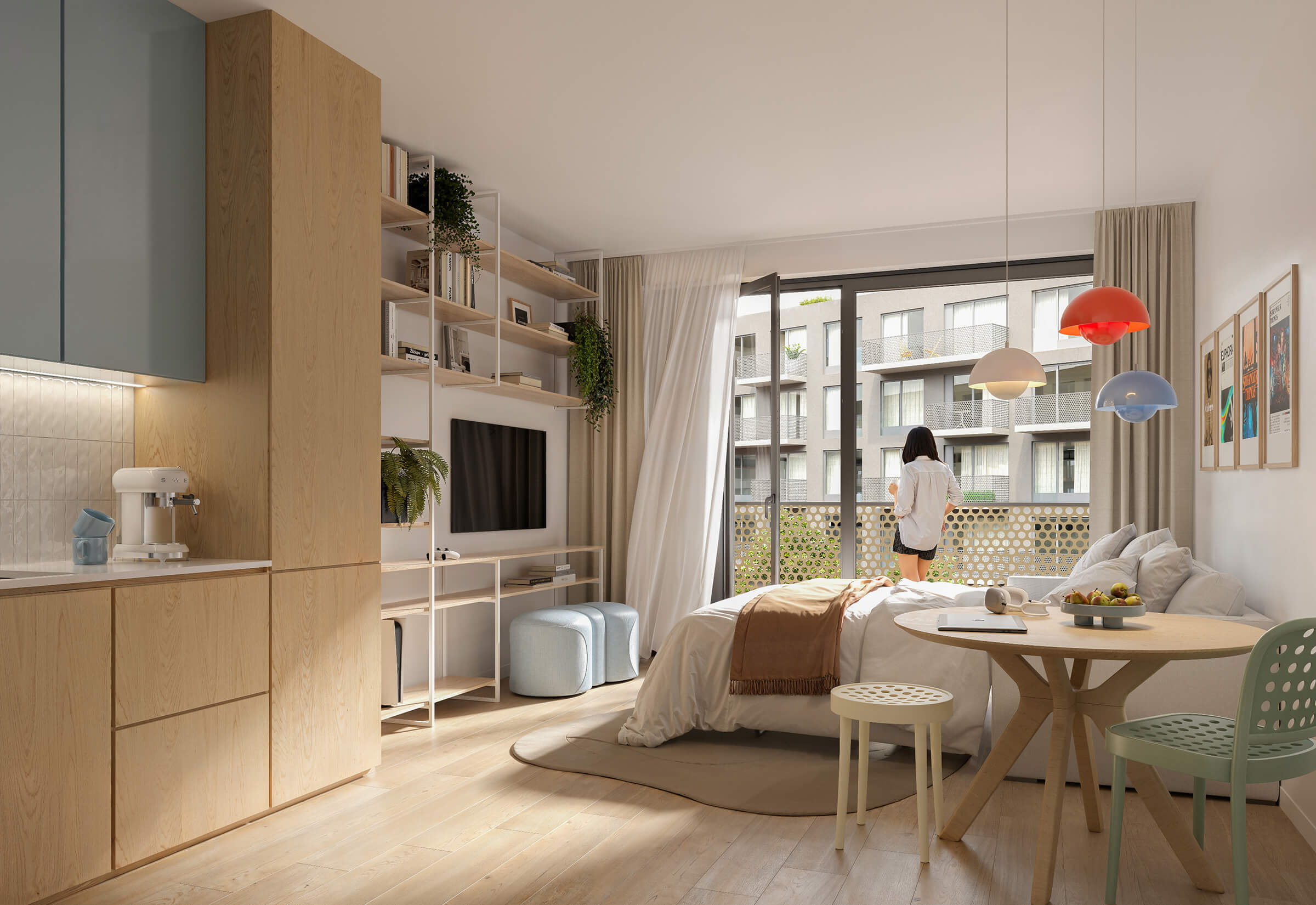 Slunný interiér novostavby Yards Žižkov s moderním vybavením.
