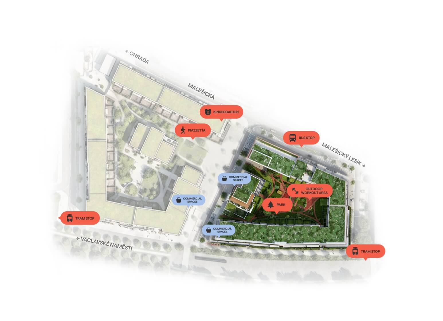 Site plan of the Yards Žižkov project highlighting the park and services.