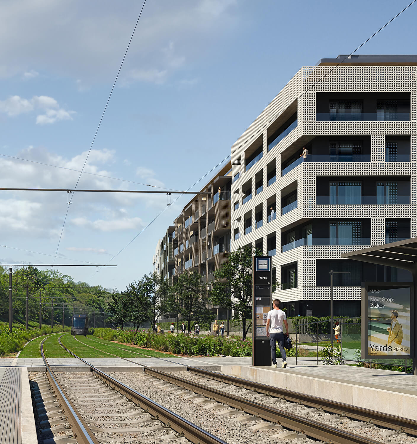 A view of the Yards Žižkov building and a nearby tram stop.